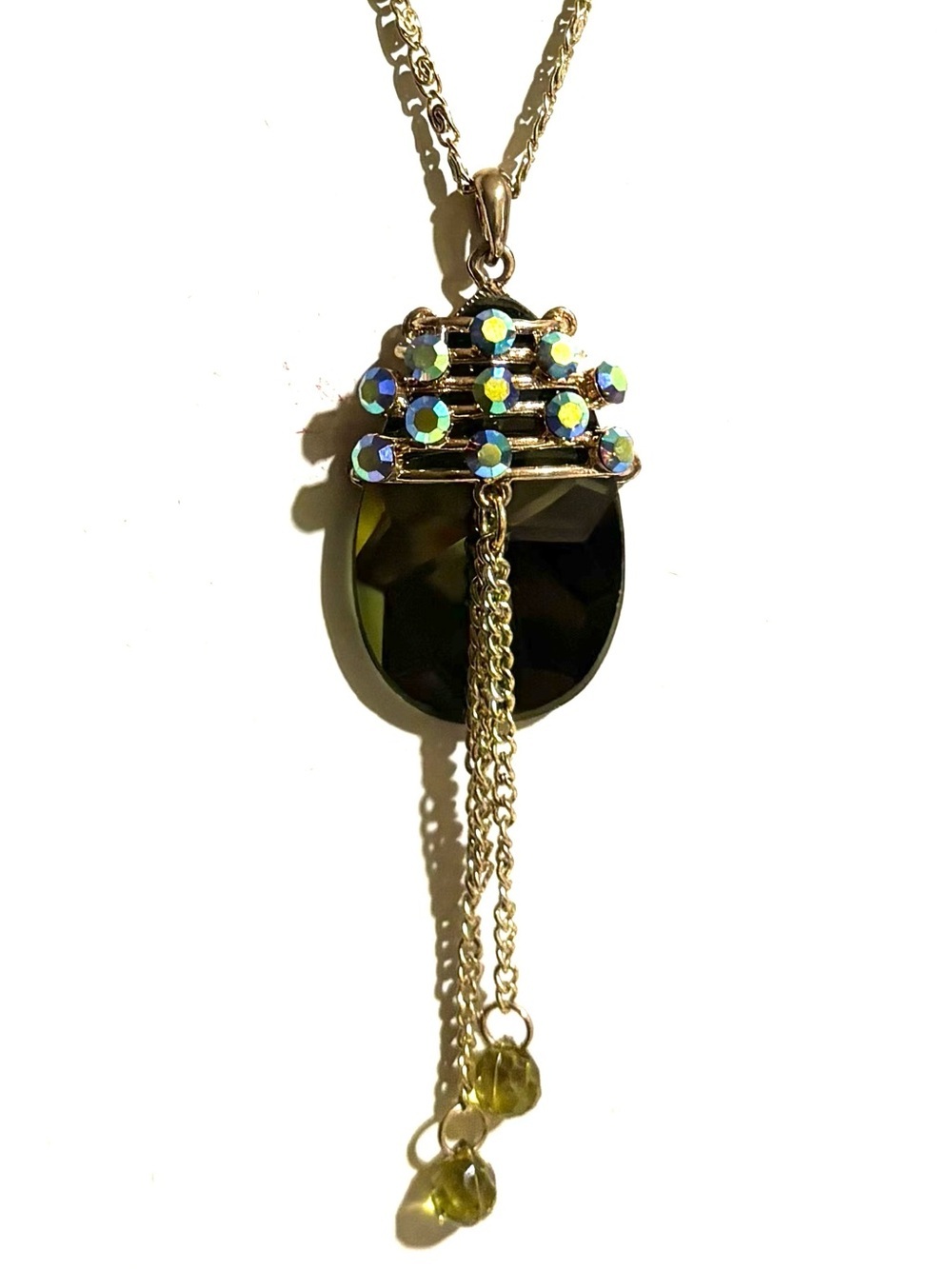 Gold-Tone Green Faceted Pendant Necklace with Iridescent Crystal Accents
